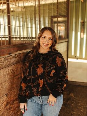 Black Sweater with Copper Western Motif- Reversible